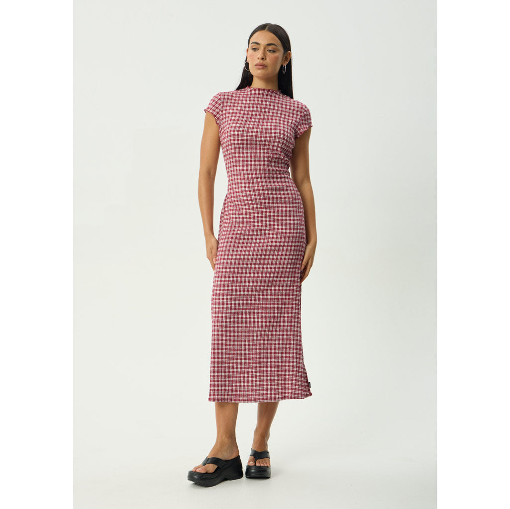 Afends Base Elodie Seersucker Midi Dress in Burgundy Check | Shop Afends online with Pavement and enjoy free Aotearoa NZ shipping on your order over $100*