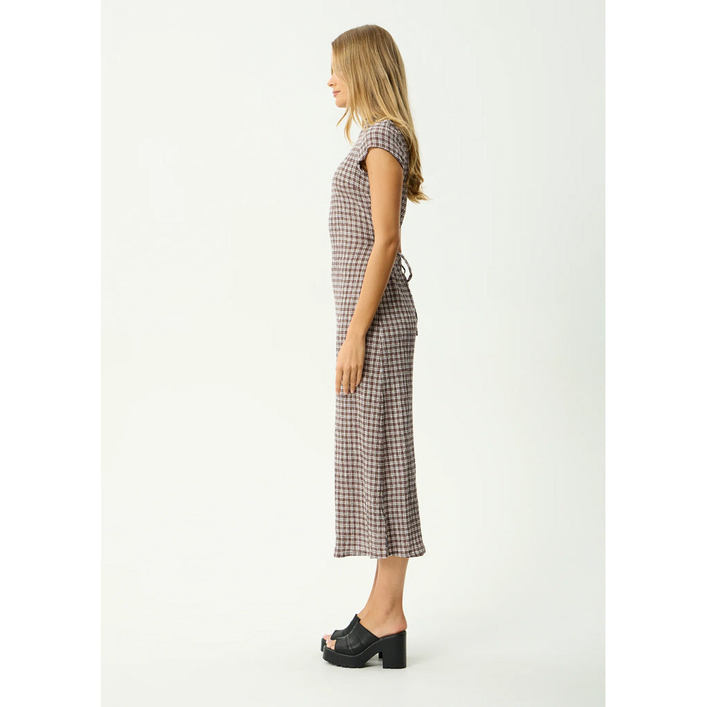 Afends Base Elodie Seersucker Midi Dress - Coffee Check | Shop Afends online with Pavement and enjoy free Aotearoa NZ shipping on your order over $100*