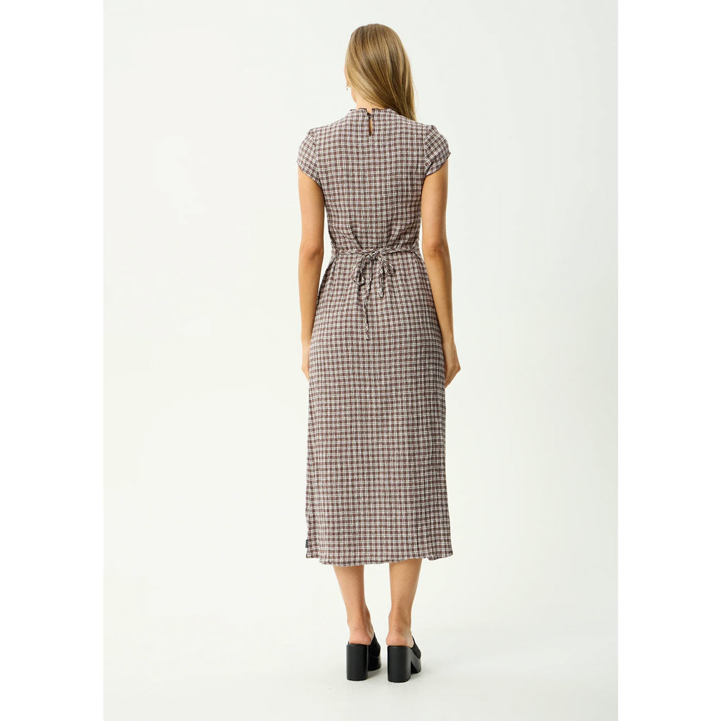 Afends Base Elodie Seersucker Midi Dress - Coffee Check | Shop Afends online with Pavement and enjoy free Aotearoa NZ shipping on your order over $100*