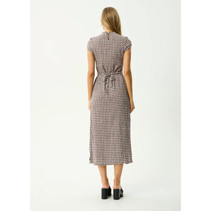 Afends Base Elodie Seersucker Midi Dress - Coffee Check | Shop Afends online with Pavement and enjoy free Aotearoa NZ shipping on your order over $100*