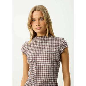 Afends Base Elodie Seersucker Midi Dress - Coffee Check | Shop Afends online with Pavement and enjoy free Aotearoa NZ shipping on your order over $100*