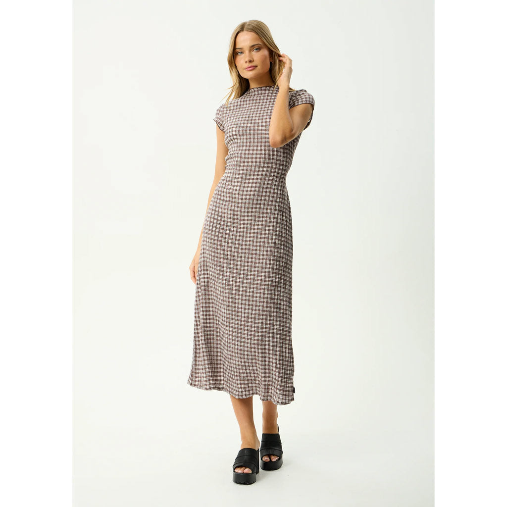 Afends Base Elodie Seersucker Midi Dress - Coffee Check | Shop Afends online with Pavement and enjoy free Aotearoa NZ shipping on your order over $100*