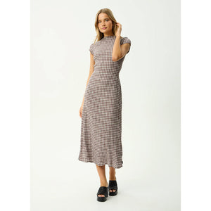 Afends Base Elodie Seersucker Midi Dress - Coffee Check | Shop Afends online with Pavement and enjoy free Aotearoa NZ shipping on your order over $100*