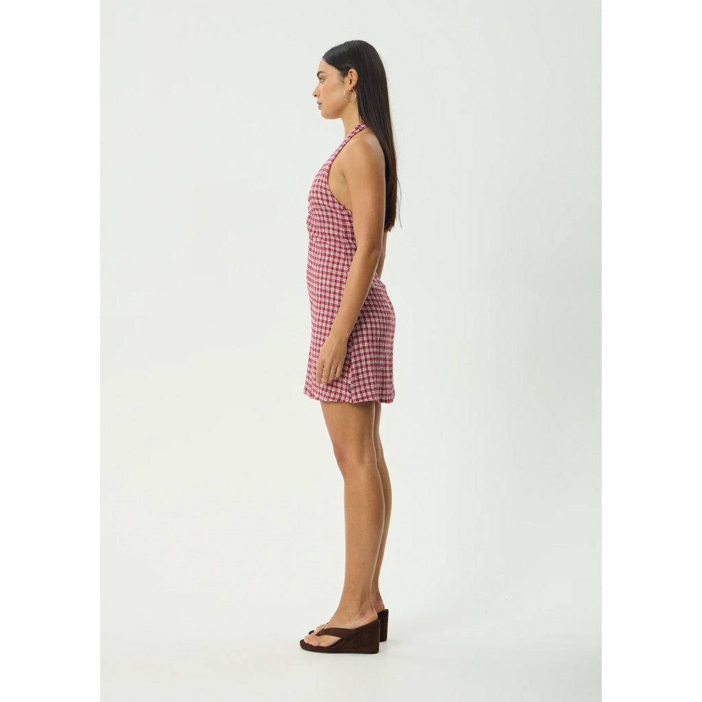 Afends Base Montana Seersucker Halter Mini Dress- Burgundy Check | Shop Afends online with Pavement and enjoy free Aotearoa NZ shipping on your order over $100*