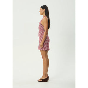 Afends Base Montana Seersucker Halter Mini Dress- Burgundy Check | Shop Afends online with Pavement and enjoy free Aotearoa NZ shipping on your order over $100*