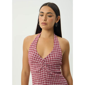 Afends Base Montana Seersucker Halter Mini Dress- Burgundy Check | Shop Afends online with Pavement and enjoy free Aotearoa NZ shipping on your order over $100*