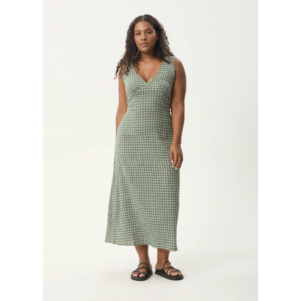 Afends Base Seersucker Maxi Dress in Deep Green Check | Shop Afends with Pavement online and recieved free Aotearoa NZ shipping on orders over $100*!