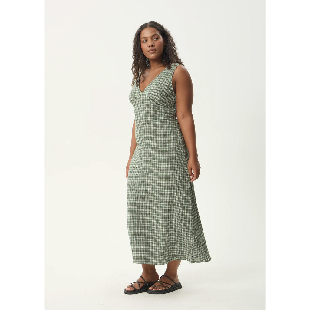Afends Base Seersucker Maxi Dress in Deep Green Check | Shop Afends with Pavement online and recieved free Aotearoa NZ shipping on orders over $100*!