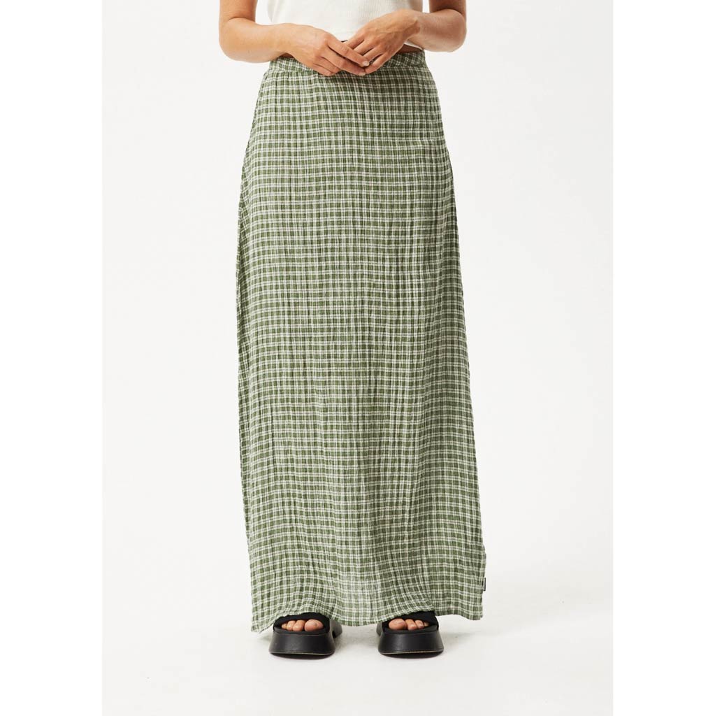 Afends Base Seersucker Maxi Skirt in Deep Green Check | Shop Afends with Pavement online and recieved free Aotearoa NZ shipping on orders over $100*!