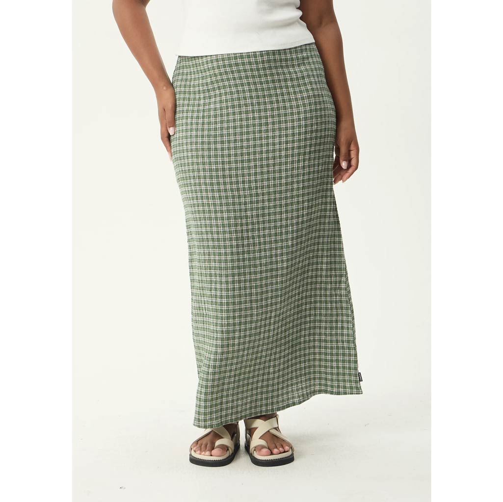 Afends Base Seersucker Maxi Skirt in Deep Green Check | Shop Afends with Pavement online and recieved free Aotearoa NZ shipping on orders over $100*!