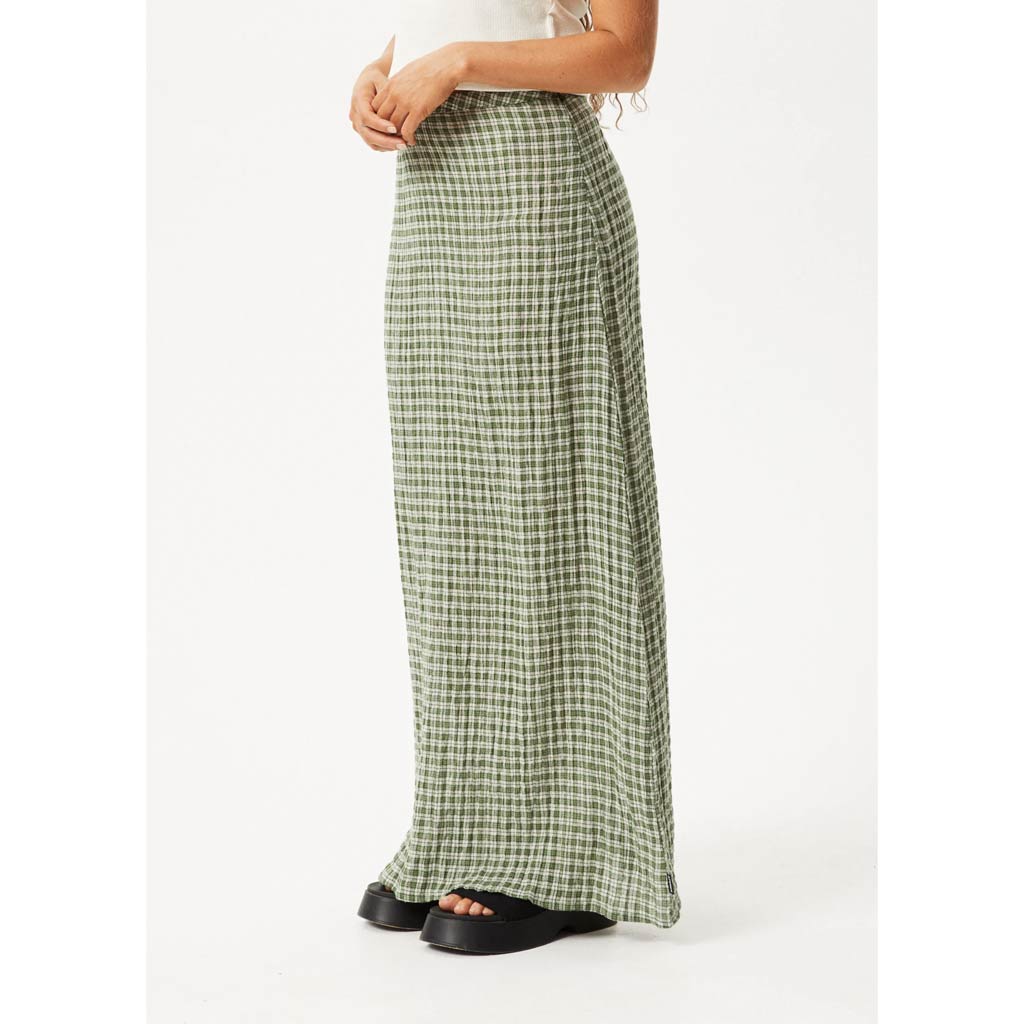 Afends Base Seersucker Maxi Skirt in Deep Green Check | Shop Afends with Pavement online and recieved free Aotearoa NZ shipping on orders over $100*!
