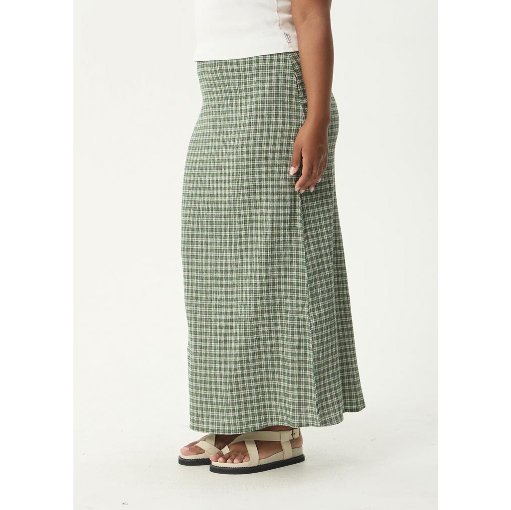 Afends Base Seersucker Maxi Skirt in Deep Green Check | Shop Afends with Pavement online and recieved free Aotearoa NZ shipping on orders over $100*!