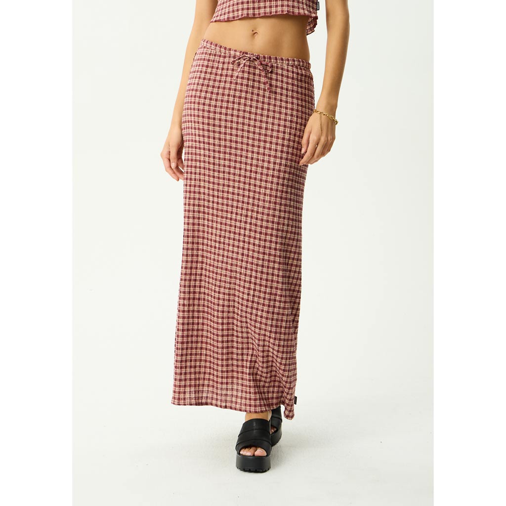Afends Capricorn Seersucker Maxi Skirt - Burgundy/Beige Check | Shop Afends online with Pavement Skate Store and enjoy free Aotearoa shipping over $100*!