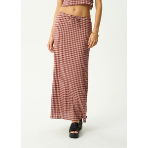 Afends Capricorn Seersucker Maxi Skirt - Burgundy/Beige Check | Shop Afends online with Pavement Skate Store and enjoy free Aotearoa shipping over $100*!
