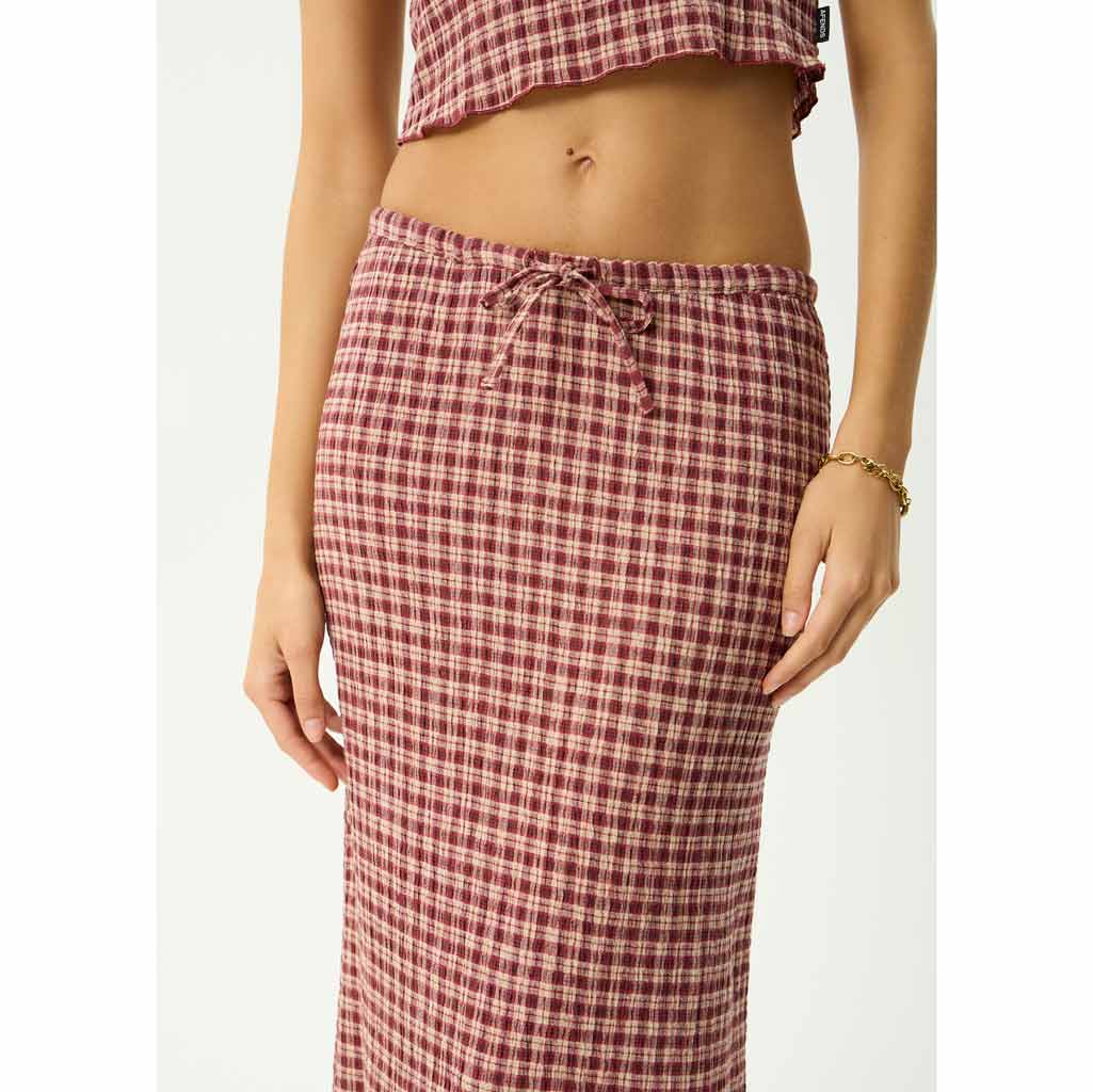 Afends Capricorn Seersucker Maxi Skirt - Burgundy/Beige Check | Shop Afends online with Pavement Skate Store and enjoy free Aotearoa shipping over $100*!