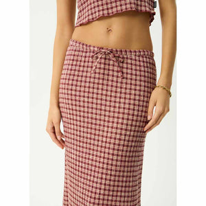 Afends Capricorn Seersucker Maxi Skirt - Burgundy/Beige Check | Shop Afends online with Pavement Skate Store and enjoy free Aotearoa shipping over $100*!