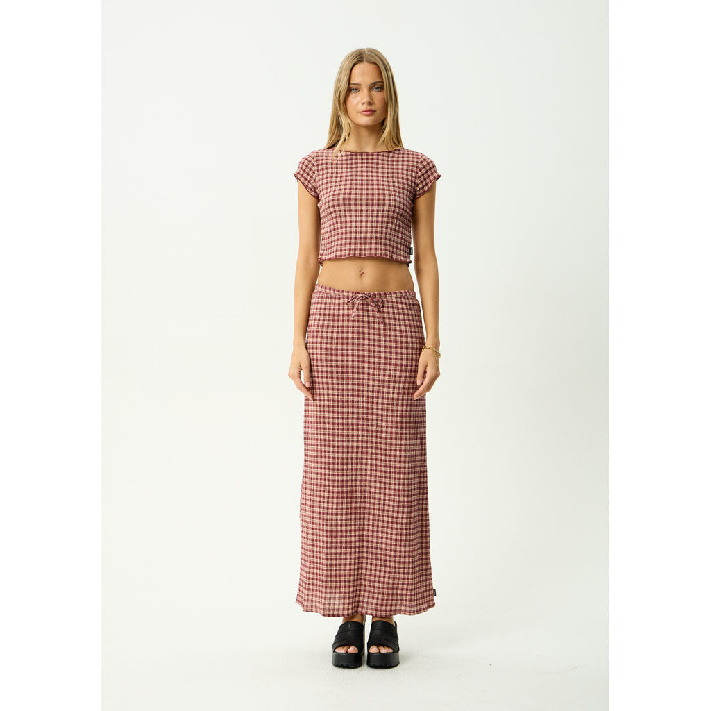 Afends Capricorn Seersucker Maxi Skirt - Burgundy/Beige Check | Shop Afends online with Pavement Skate Store and enjoy free Aotearoa shipping over $100*!