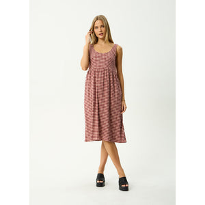 Afends Capricorn Seersucker Midi Dress - Burgundy/Beige Check | Shop Afends online with Pavement Skate Store and enjoy free Aotearoa shipping over $100*!