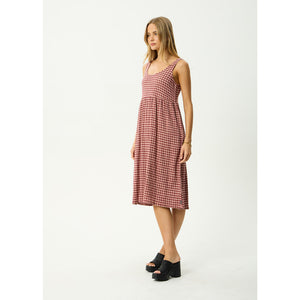 Afends Capricorn Seersucker Midi Dress - Burgundy/Beige Check | Shop Afends online with Pavement Skate Store and enjoy free Aotearoa shipping over $100*!