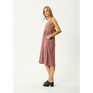 Afends Capricorn Seersucker Midi Dress - Burgundy/Beige Check | Shop Afends online with Pavement Skate Store and enjoy free Aotearoa shipping over $100*!