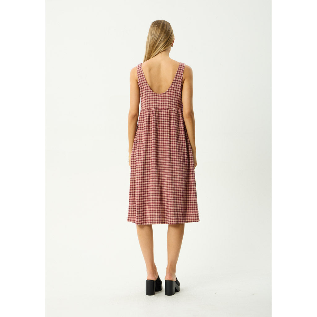 Afends Capricorn Seersucker Midi Dress - Burgundy/Beige Check | Shop Afends online with Pavement Skate Store and enjoy free Aotearoa shipping over $100*!