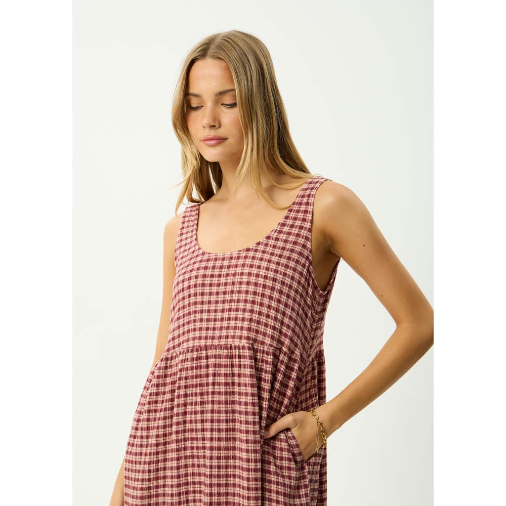 Afends Capricorn Seersucker Midi Dress - Burgundy/Beige Check | Shop Afends online with Pavement Skate Store and enjoy free Aotearoa shipping over $100*!