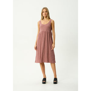 Afends Capricorn Seersucker Midi Dress - Burgundy/Beige Check | Shop Afends online with Pavement Skate Store and enjoy free Aotearoa shipping over $100*!