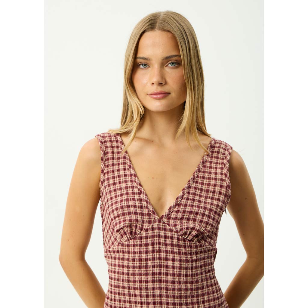 Afends Capricorn Seersucker Mini Dress - Burgundy/Beige Check | Shop Afends clothing online with Pavement and enjoy free Aotearoa shipping on orders over $100*!