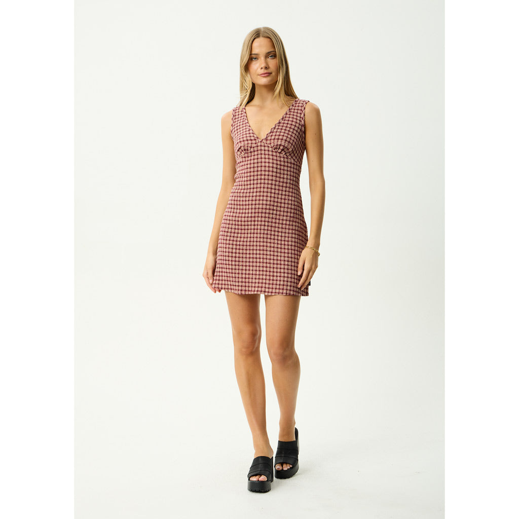 Afends Capricorn Seersucker Mini Dress - Burgundy/Beige Check | Shop Afends clothing online with Pavement and enjoy free Aotearoa shipping on orders over $100*!