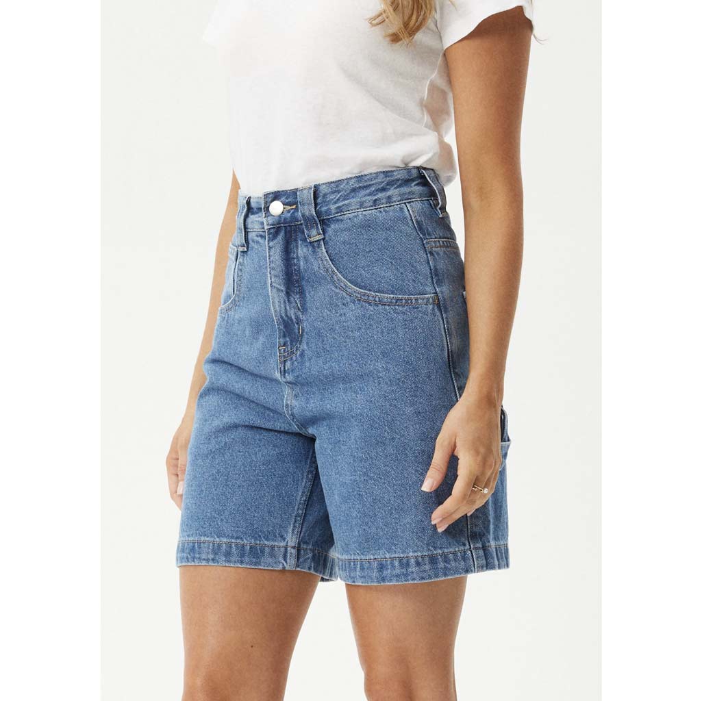 AFENDS EMILIE HEMP DENIM WORKWEAR SHORTS - WORN BLUE