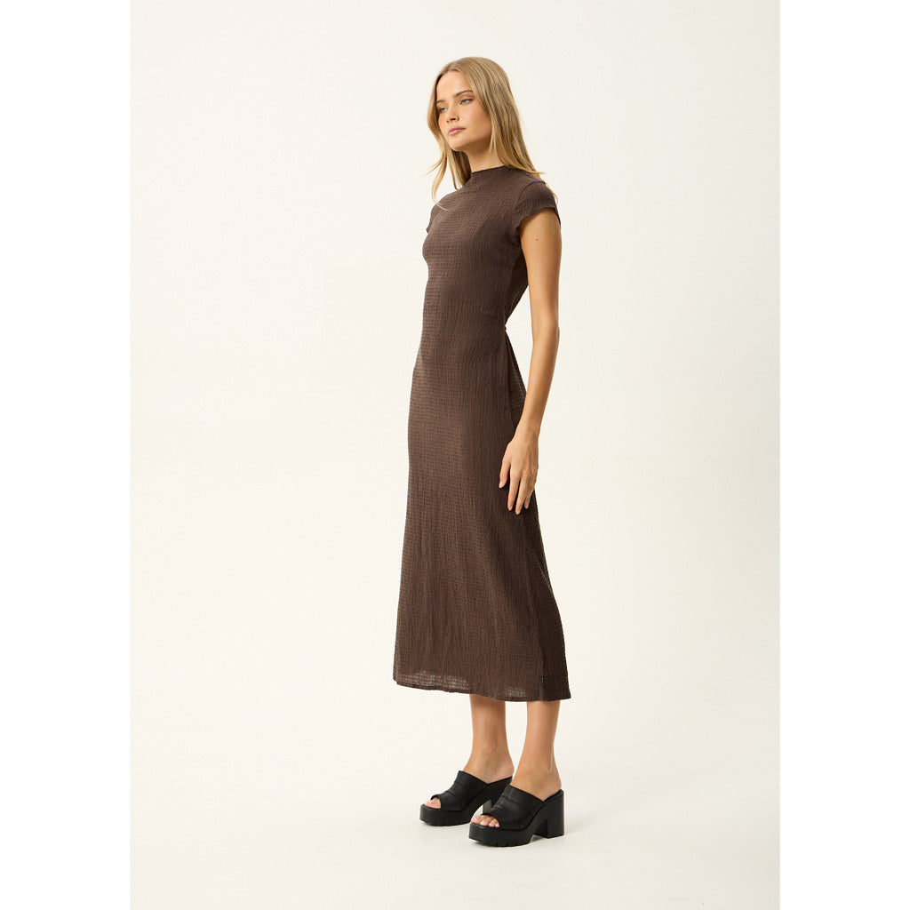 Afends Focus Elodie Seersucker Midi Dress in Coffee | Shop Afends online with Pavement and enjoy free Aotearoa NZ shipping on your order over $100*