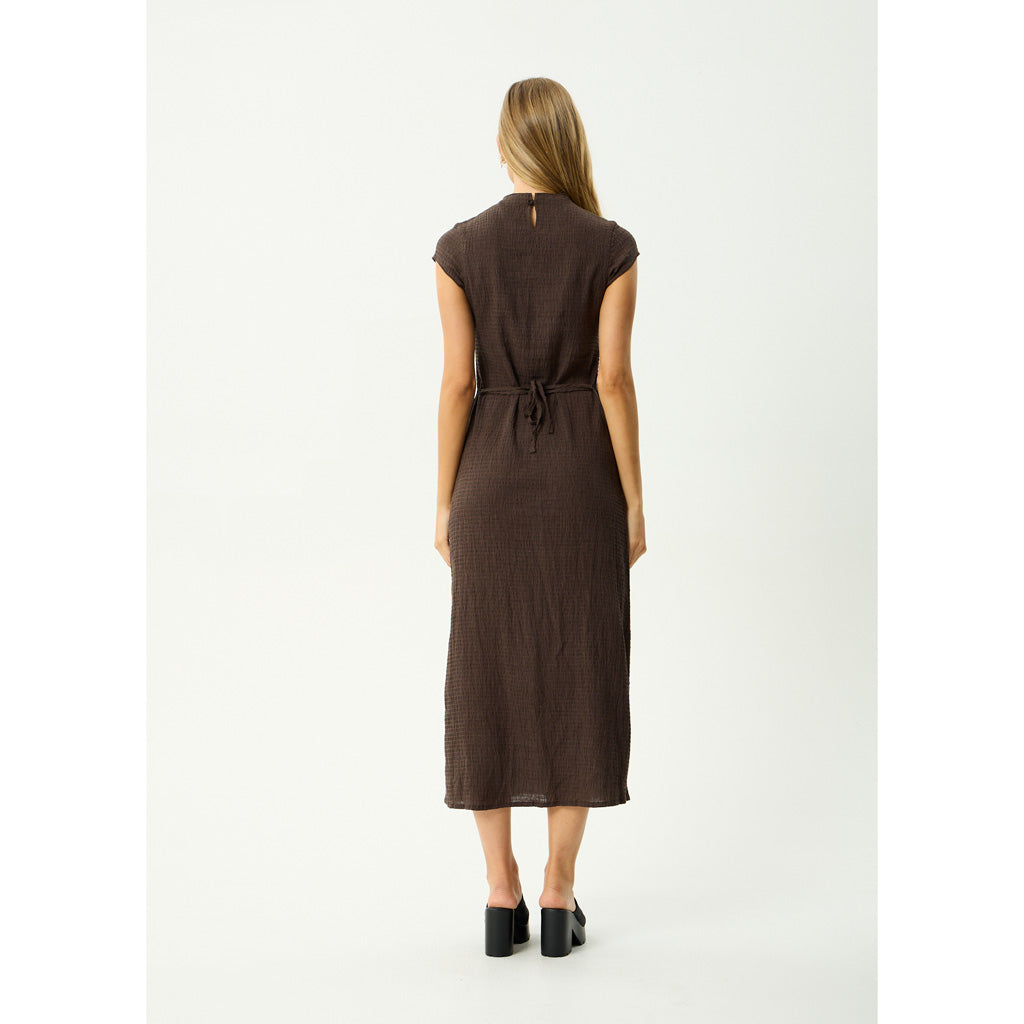 Afends Focus Elodie Seersucker Midi Dress in Coffee | Shop Afends online with Pavement and enjoy free Aotearoa NZ shipping on your order over $100*