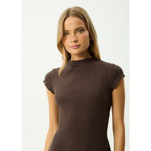 Afends Focus Elodie Seersucker Midi Dress in Coffee | Shop Afends online with Pavement and enjoy free Aotearoa NZ shipping on your order over $100*