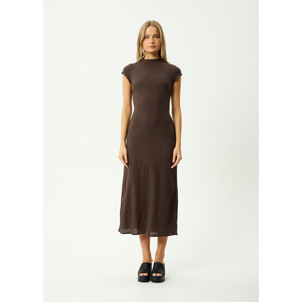Afends Focus Elodie Seersucker Midi Dress in Coffee | Shop Afends online with Pavement and enjoy free Aotearoa NZ shipping on your order over $100*