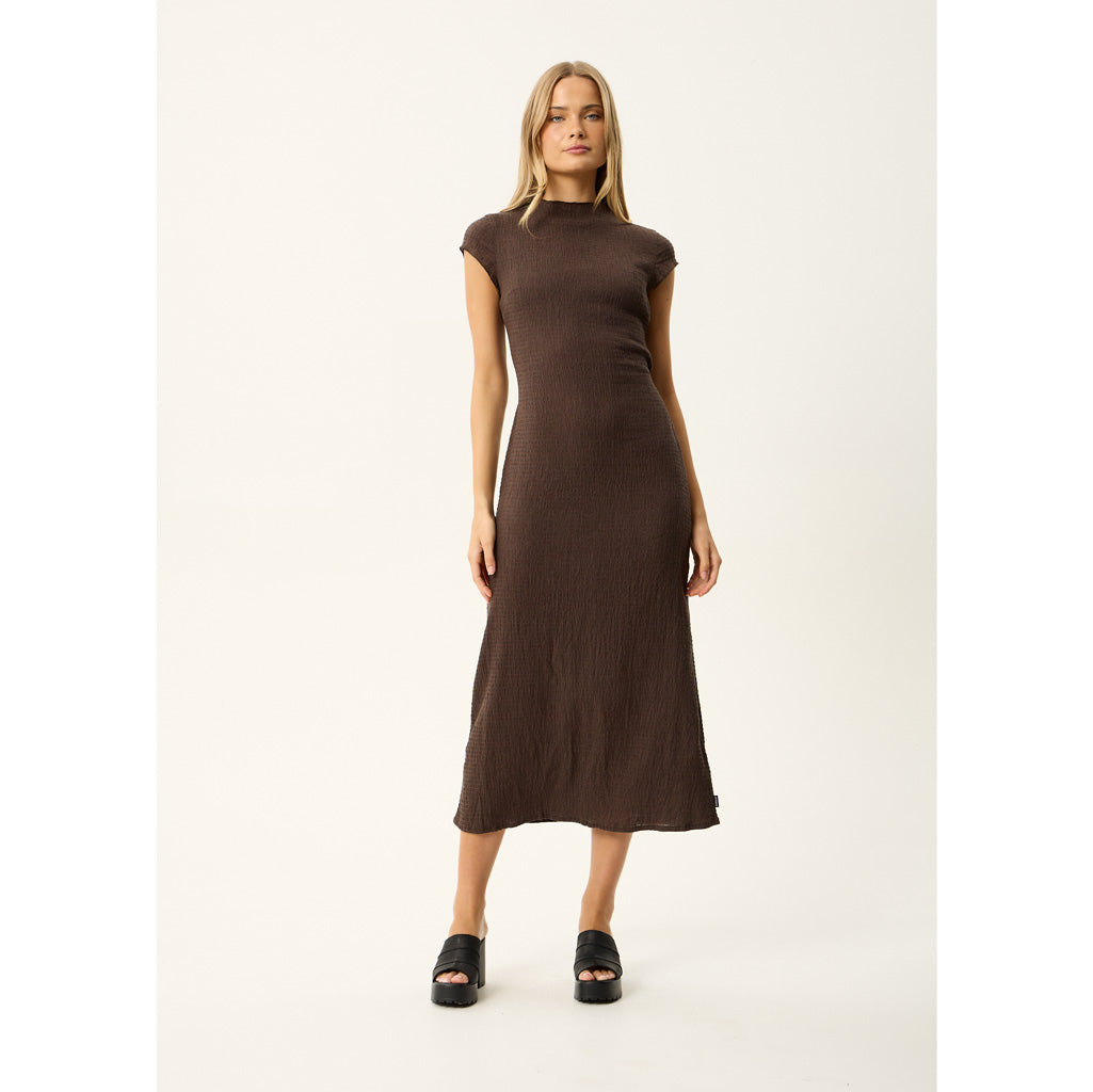 Afends Focus Elodie Seersucker Midi Dress in Coffee | Shop Afends online with Pavement and enjoy free Aotearoa NZ shipping on your order over $100*