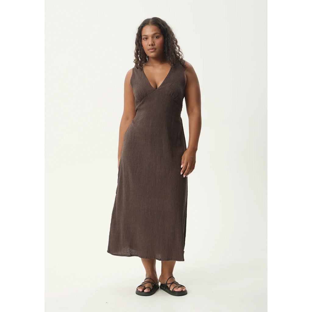 Afends Focus Seersucker Maxi Dress - Coffee | Shop Afends online with Pavement Skate Store with free Aotearoa NZ shipping on orders over $100*