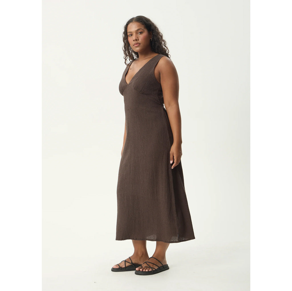 Afends Focus Seersucker Maxi Dress - Coffee | Shop Afends online with Pavement Skate Store with free Aotearoa NZ shipping on orders over $100*