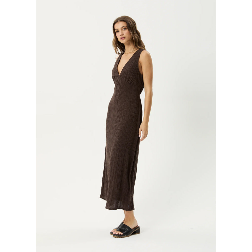 Afends Focus Seersucker Maxi Dress - Coffee | Shop Afends online with Pavement Skate Store with free Aotearoa NZ shipping on orders over $100*