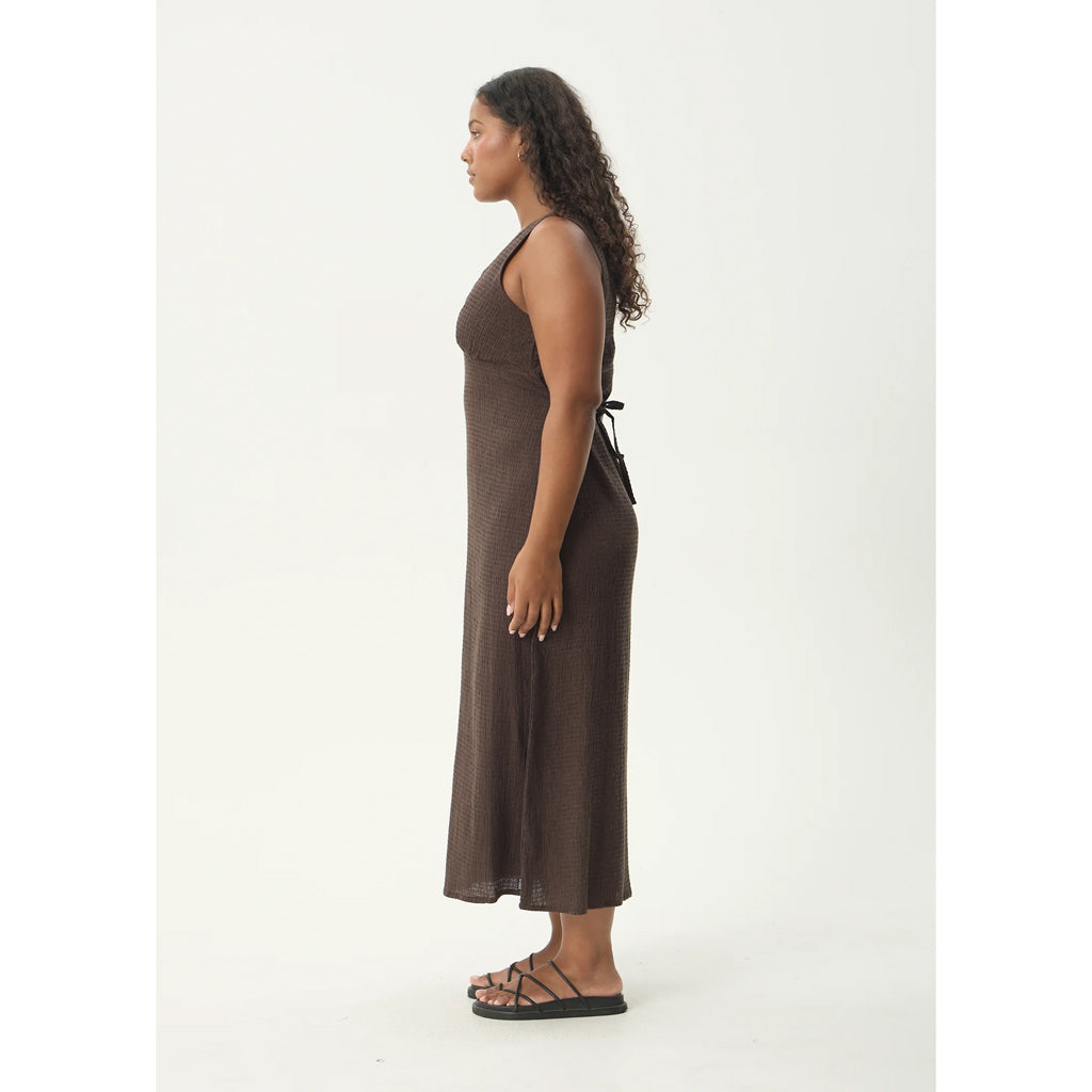Afends Focus Seersucker Maxi Dress - Coffee | Shop Afends online with Pavement Skate Store with free Aotearoa NZ shipping on orders over $100*