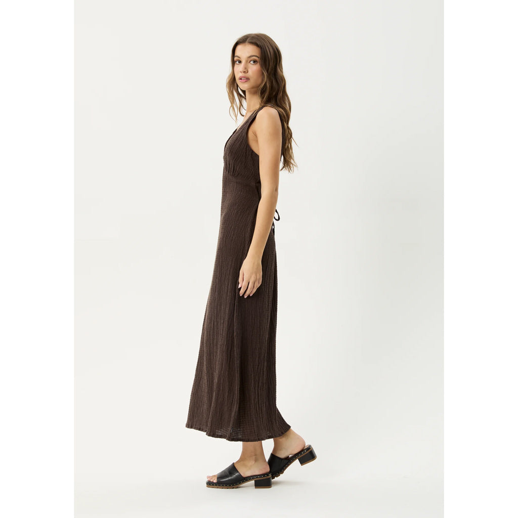 Afends Focus Seersucker Maxi Dress - Coffee | Shop Afends online with Pavement Skate Store with free Aotearoa NZ shipping on orders over $100*