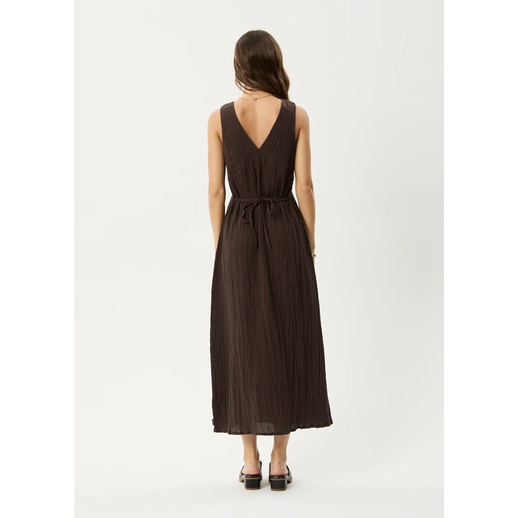 Afends Focus Seersucker Maxi Dress - Coffee | Shop Afends online with Pavement Skate Store with free Aotearoa NZ shipping on orders over $100*