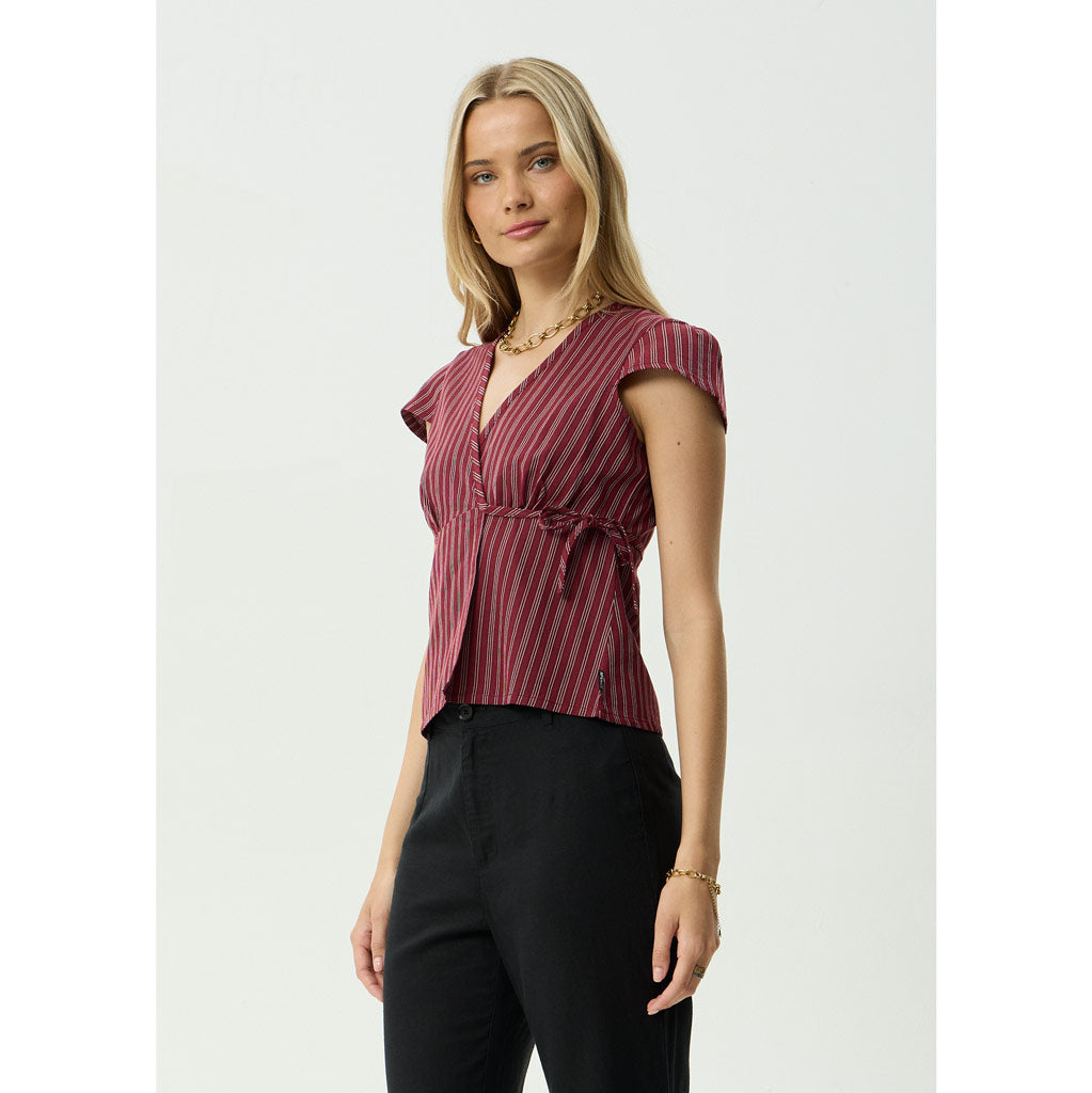 Afends Ledger Wrap Top in Burgundy Stripe | Shop Afends clothing online with Pavement and enjoy free Aotearoa shipping on orders over $100*!