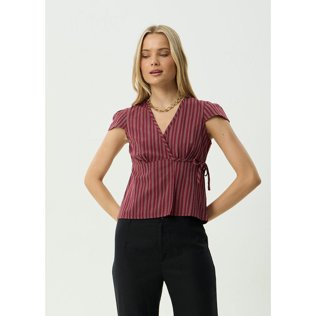 Afends Ledger Wrap Top in Burgundy Stripe | Shop Afends clothing online with Pavement and enjoy free Aotearoa shipping on orders over $100*!