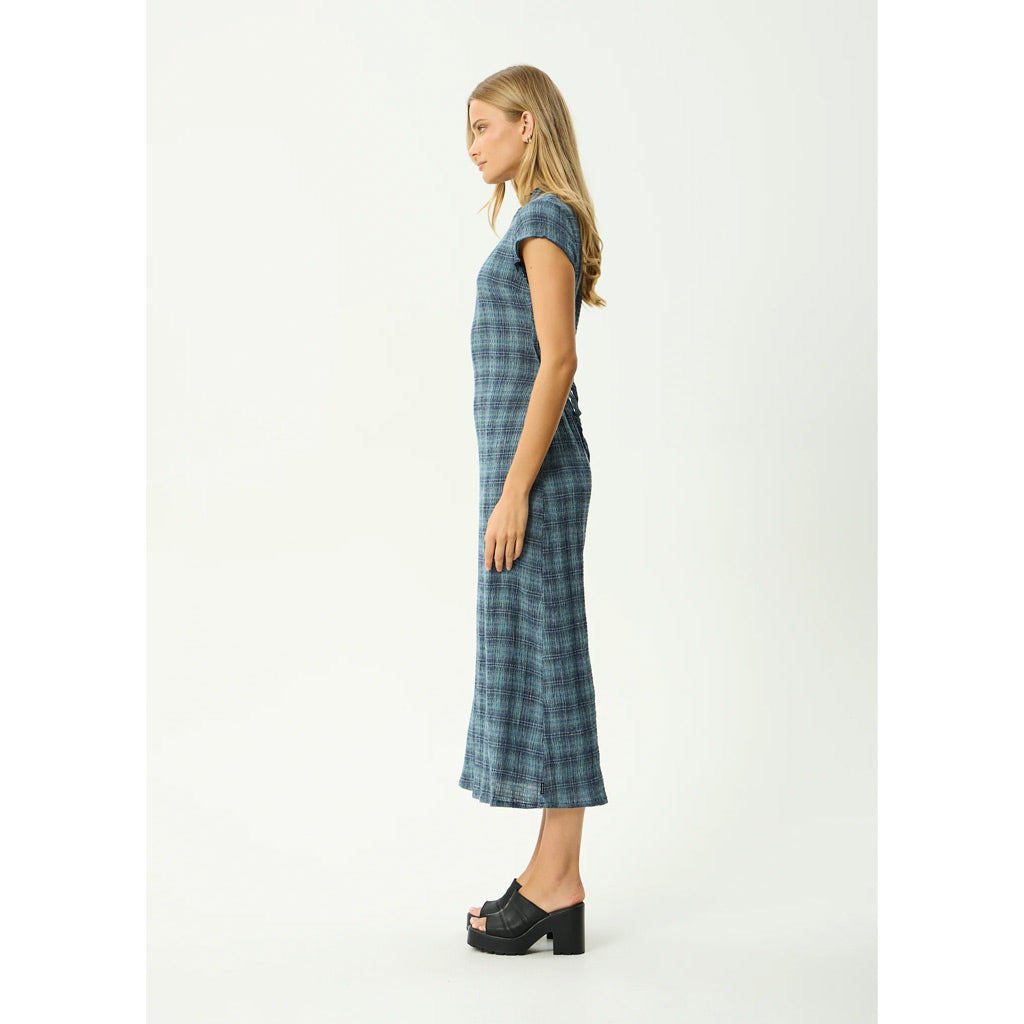 Afends Position Elodie Seersucker Midi Dress - Navy Check | Shop Afends online with Pavement and enjoy free Aotearoa NZ shipping on your order over $100*