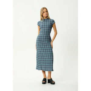 Afends Position Elodie Seersucker Midi Dress - Navy Check | Shop Afends online with Pavement and enjoy free Aotearoa NZ shipping on your order over $100*