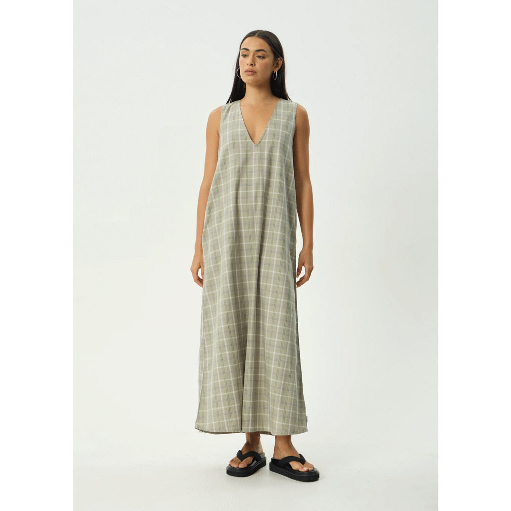 Afends Scout Maxi Dress - Olive Check | Shop Afends online with Pavement Skate Store with free Aotearoa NZ shipping on orders over $100*