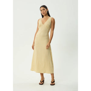 Afends Sunday Seersucker Maxi Dress - Lemon Check | Shop Afends online with Pavement Skate Store with free Aotearoa NZ shipping on orders over $100*