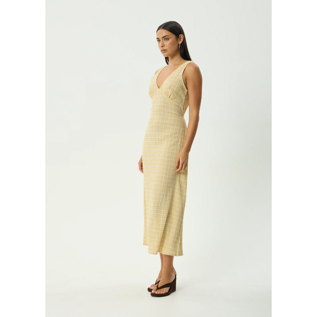 Afends Sunday Seersucker Maxi Dress - Lemon Check | Shop Afends online with Pavement Skate Store with free Aotearoa NZ shipping on orders over $100*
