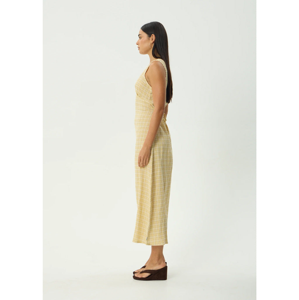 Afends Sunday Seersucker Maxi Dress - Lemon Check | Shop Afends online with Pavement Skate Store with free Aotearoa NZ shipping on orders over $100*