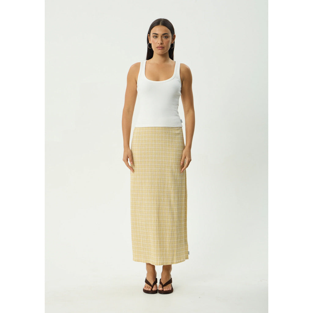 Afends Sunday Seersucker Maxi Skirt - Lemon Check | Shop Afends online with Pavement Skate Store with free Aotearoa NZ shipping on orders over $100*
